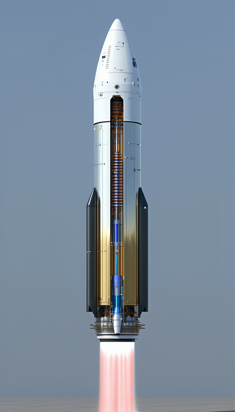 A Large Rocket Is Shown In A White And Blue Color Scheme