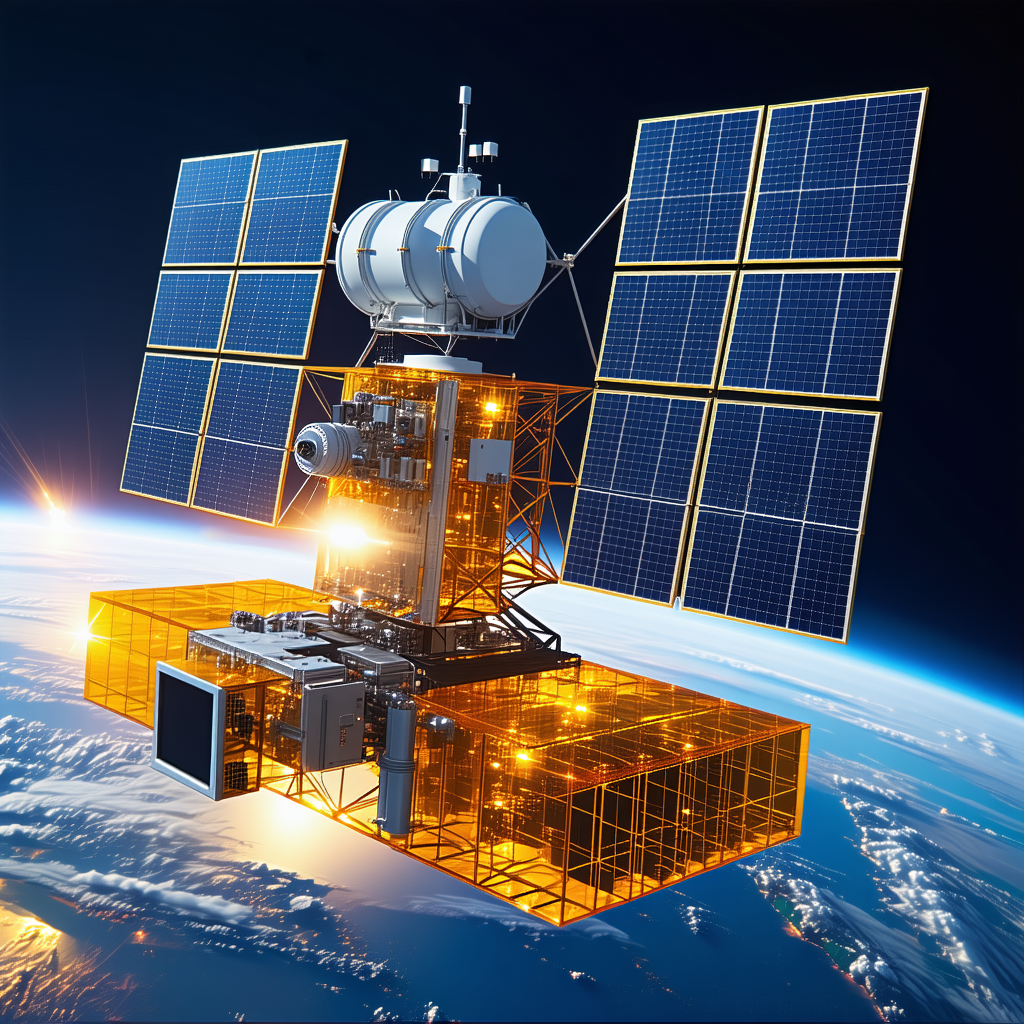 A Large Spacecraft With A Solar Panel On Its Side, Floating In The Sky