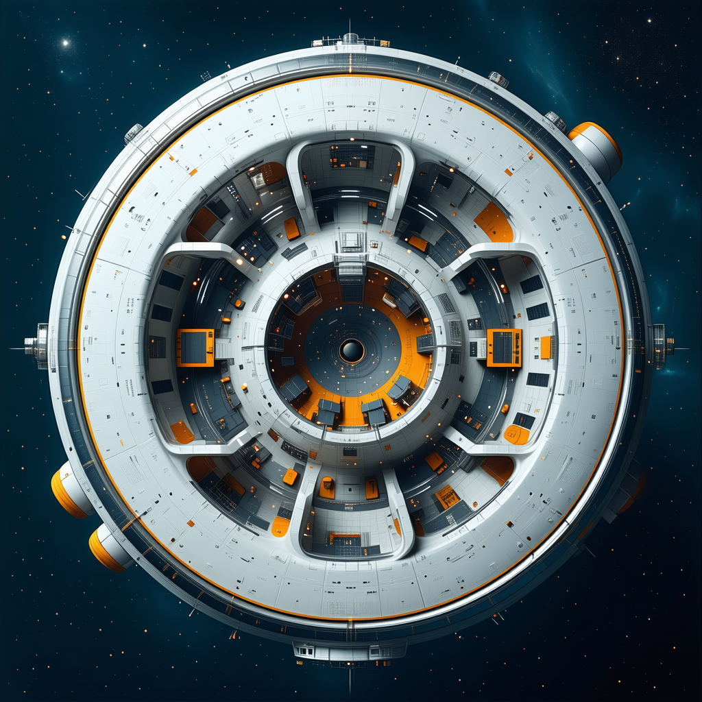 In The Image, There Is A Large, Round Spacecraft With A Central Hub And Multiple Smaller Rooms