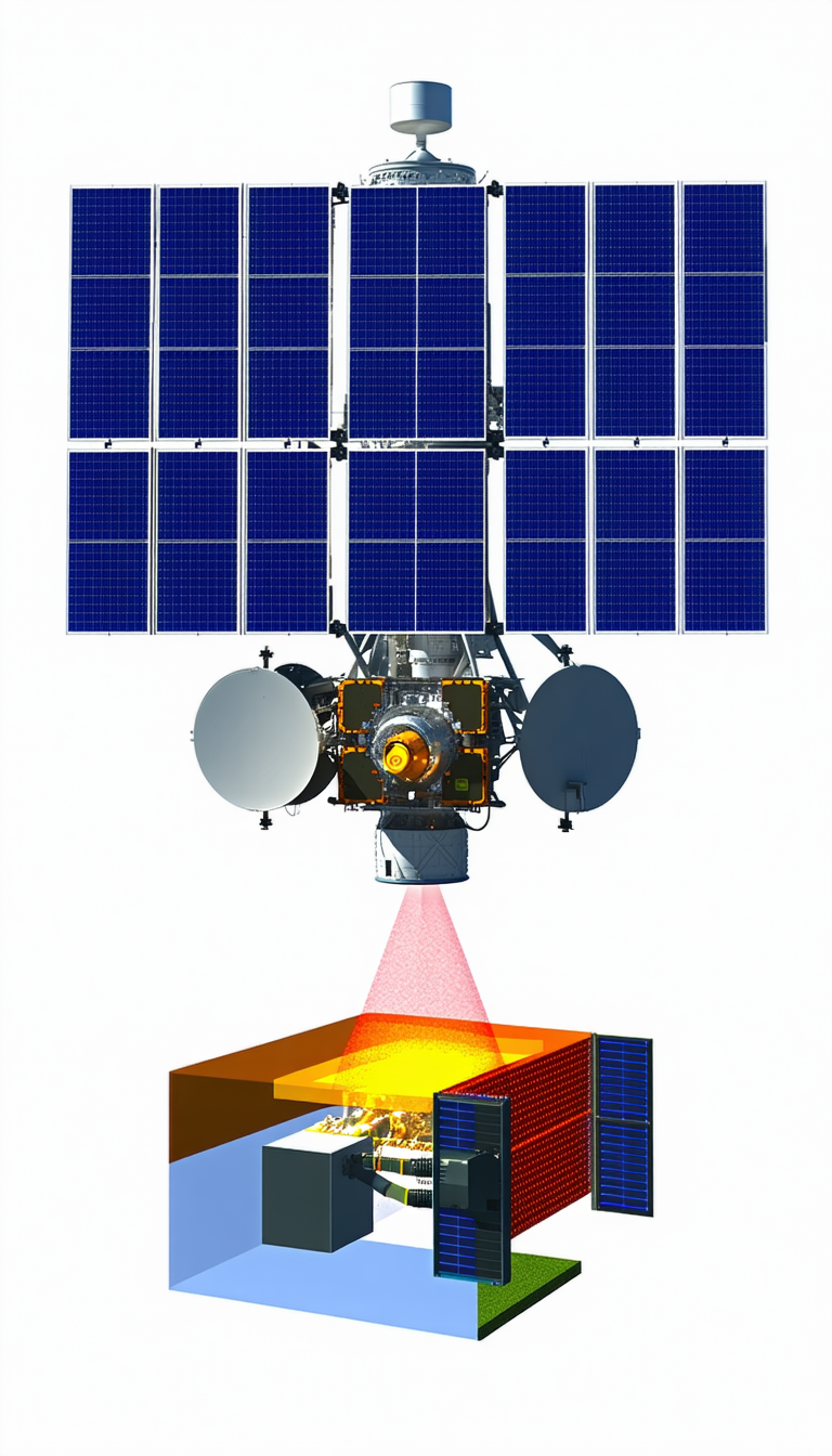 A Spacecraft Is Shown In A Close-up View, With A Large Satellite Dish On The Front