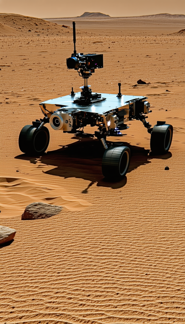 A Robotic Vehicle Is Driving Across A Sandy Terrain