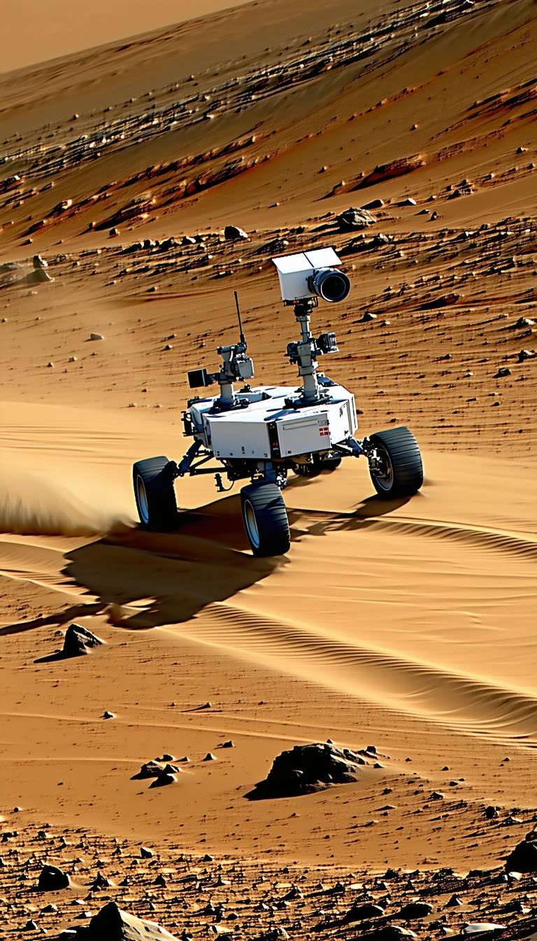 A Robotic Vehicle, Possibly A Rover, Driving Across A Sandy Terrain