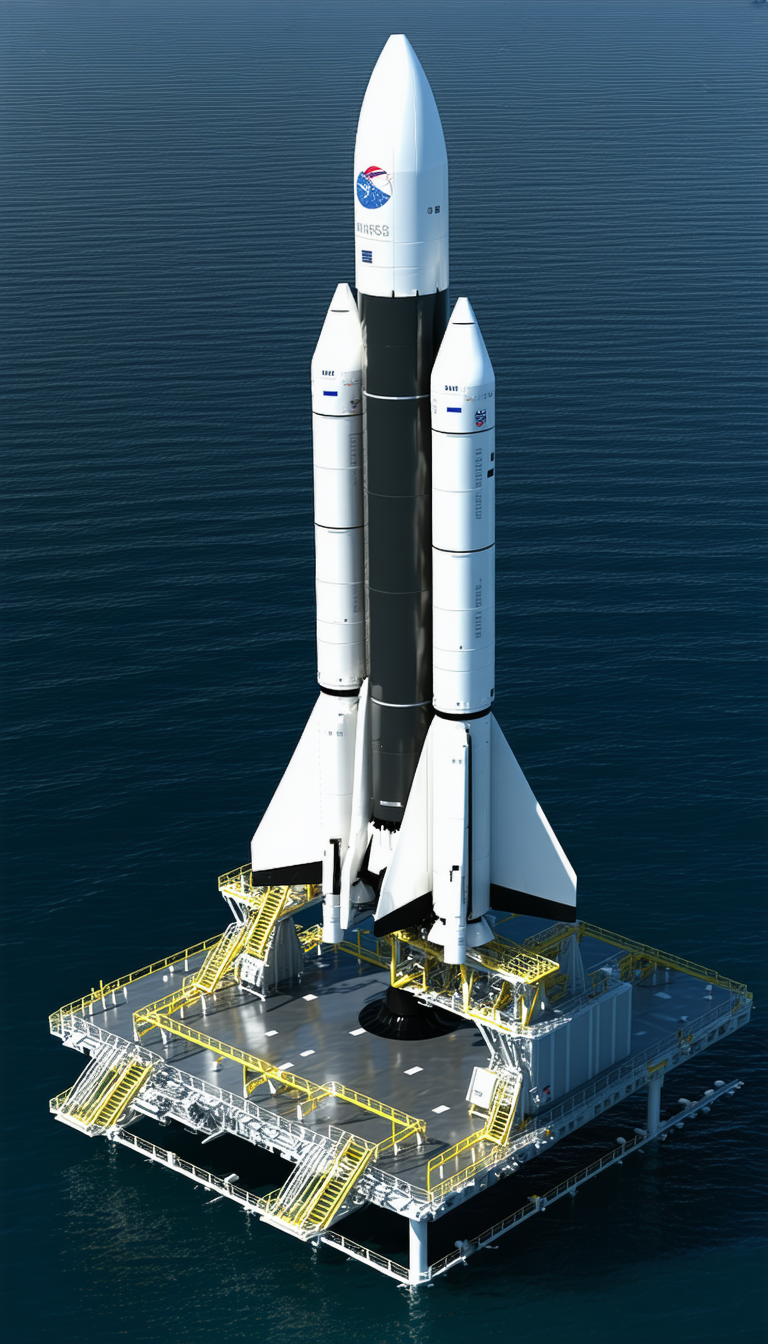 A Large White Rocket Ship Floating On Top Of A Yellow Platform In The Ocean