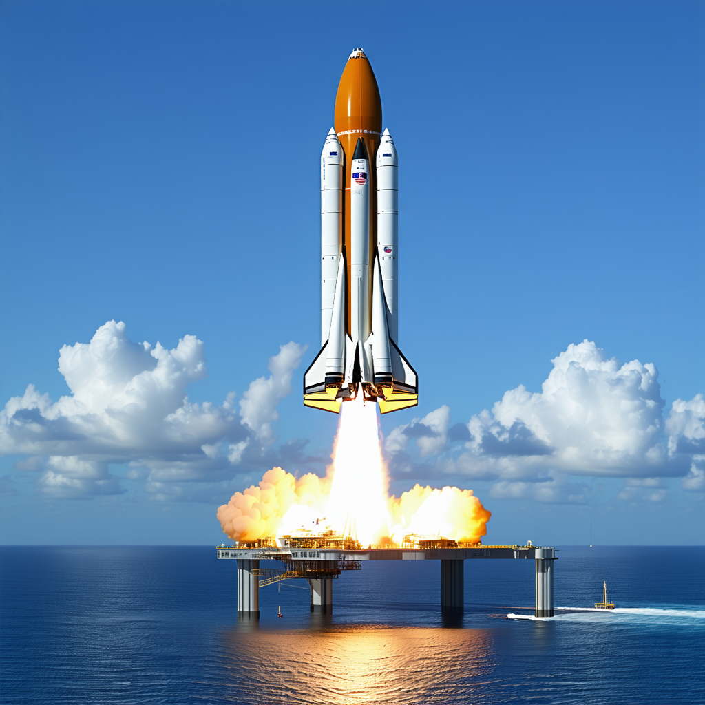 A Large Orange Rocket Ship, Likely A Space Shuttle, Flying Over A Bridge