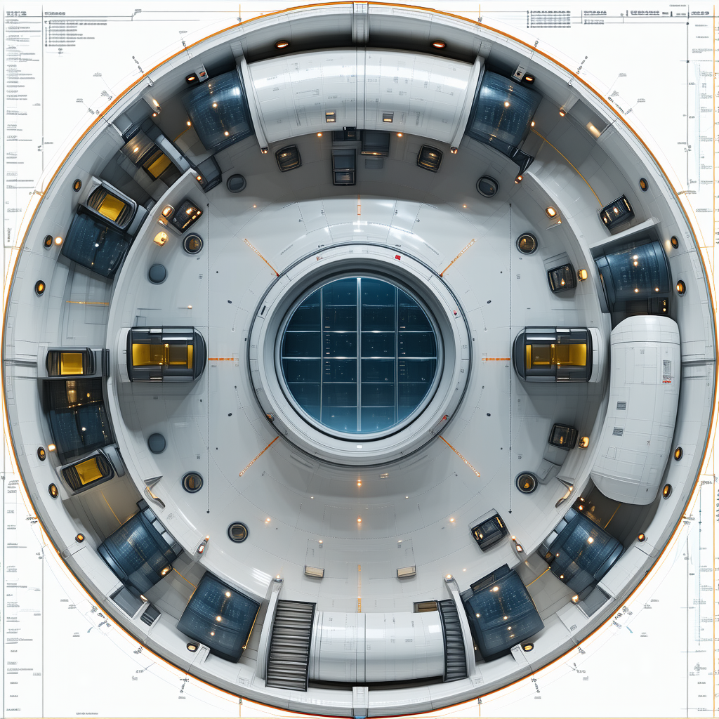The Image Is A Computer-generated Drawing Of A Space Station, Showcasing Its Interior