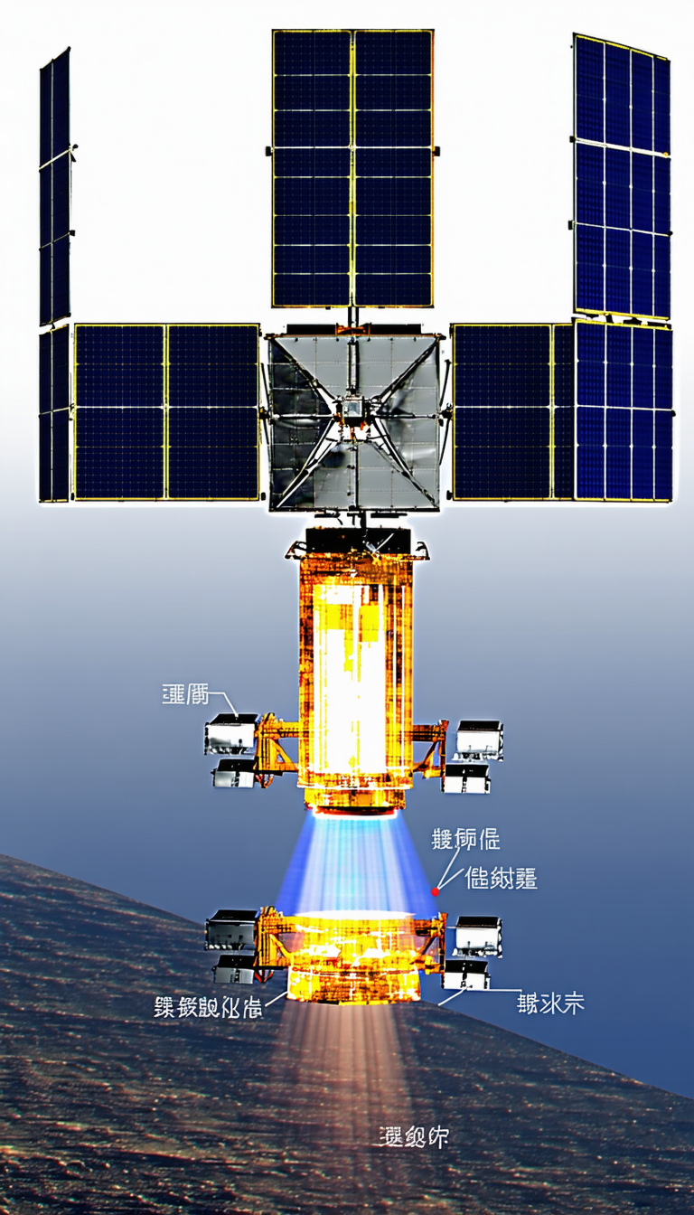 A Spacecraft Is Shown In A Close-up View, With Its Solar Panels And Other Components Clearly Visible