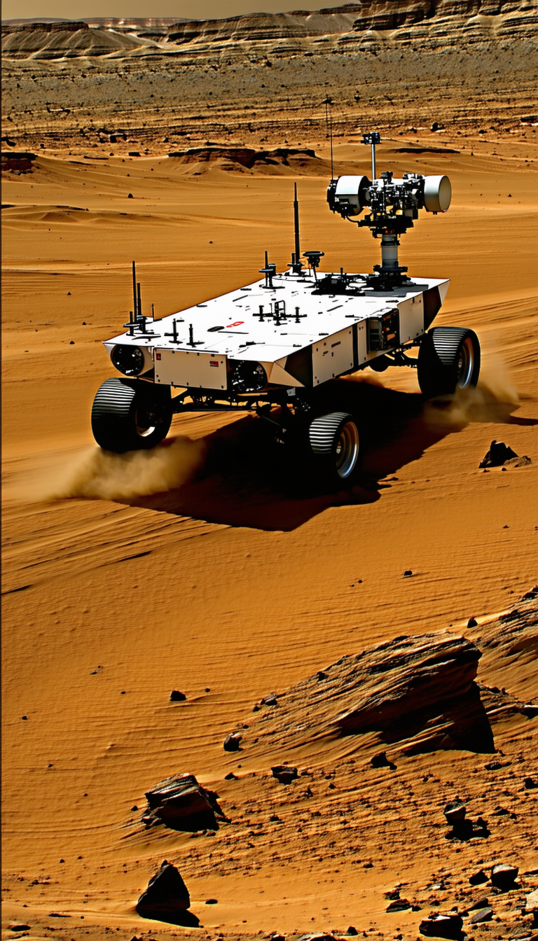 A White Robotic Vehicle Is Driving On A Dirt Road