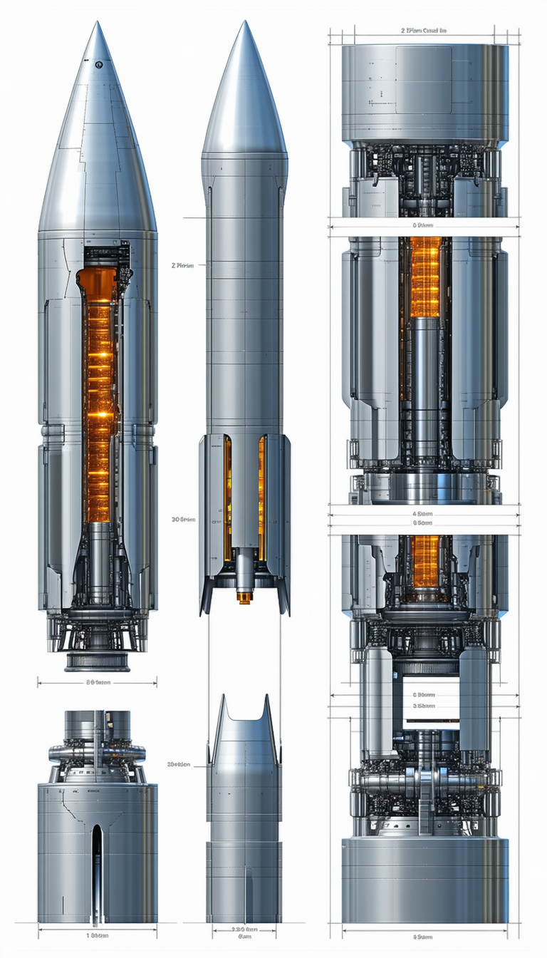 A Large, Futuristic Spacecraft Is Shown In A Series Of Detailed Drawings