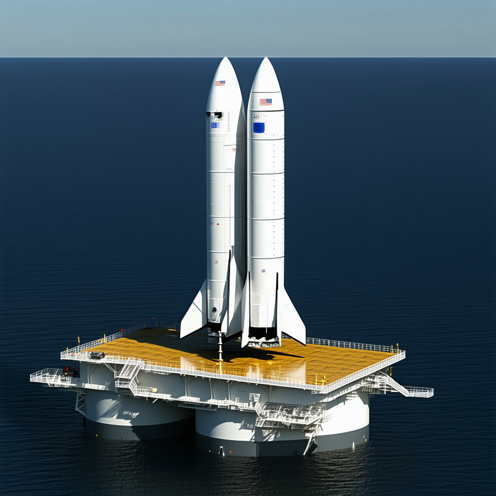 A Large White Rocket Ship Floating On Top Of A Platform In The Ocean