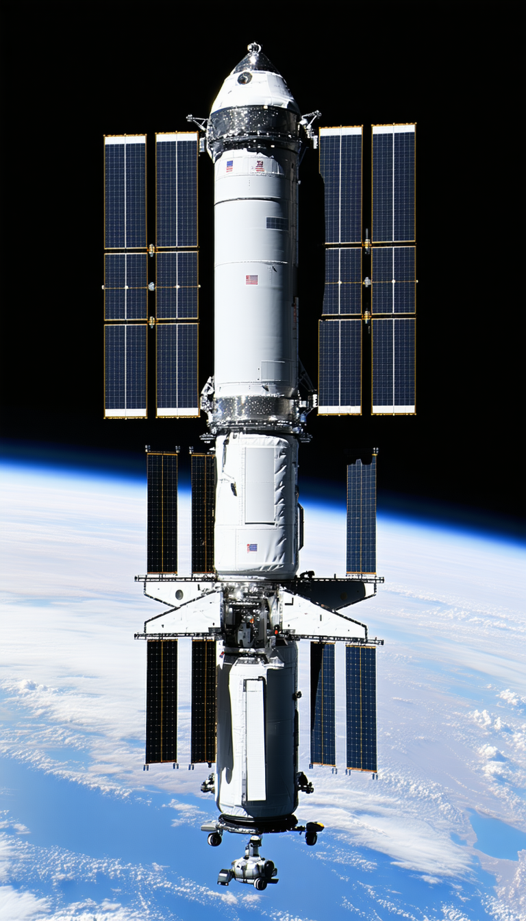 A Large Spacecraft With A White And Black Color Scheme, Docked At A Space Station