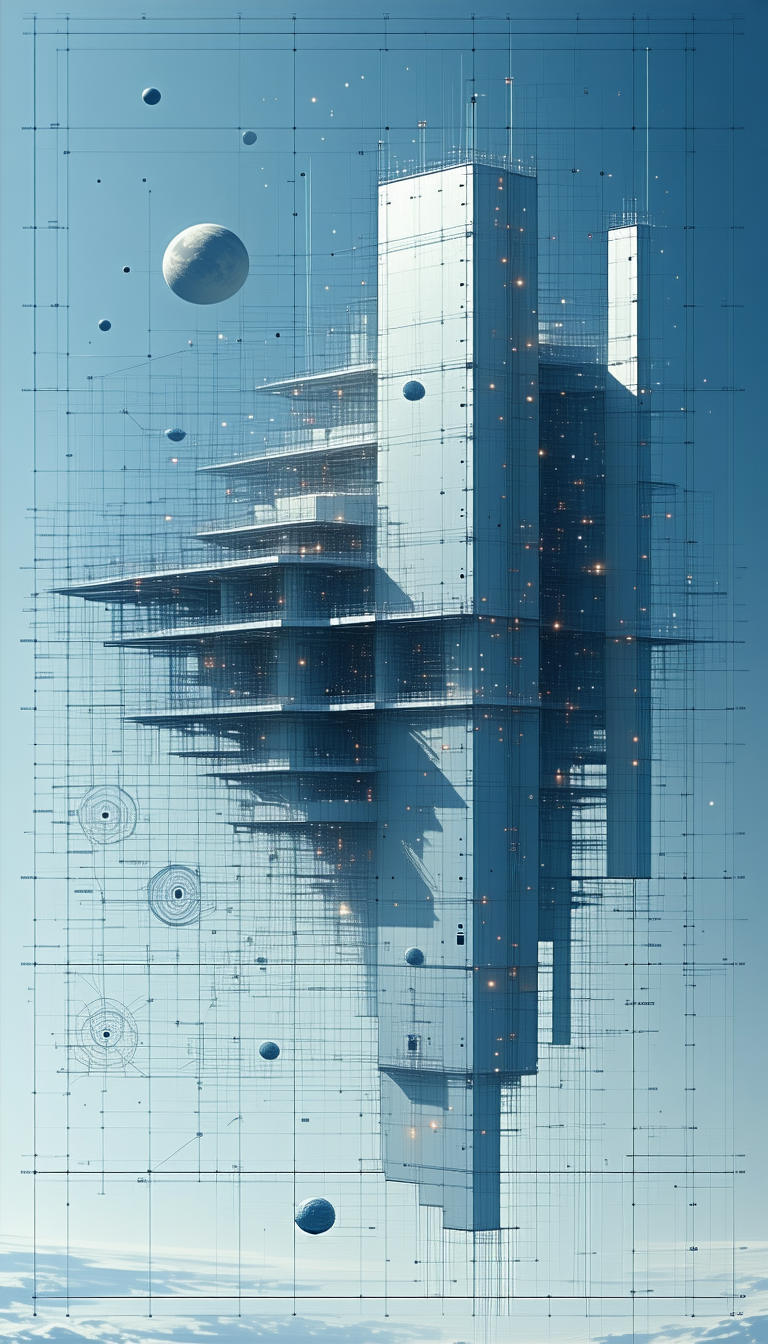A Futuristic Building Is Depicted In A Blue And White Color Scheme
