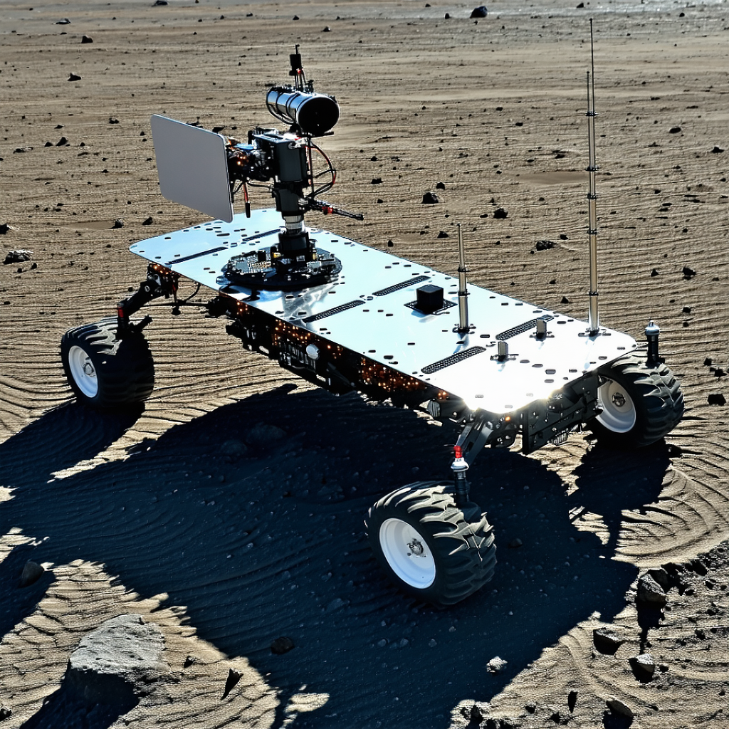 A Large, Silver Robotic Vehicle With A Camera Mounted On Top Of It