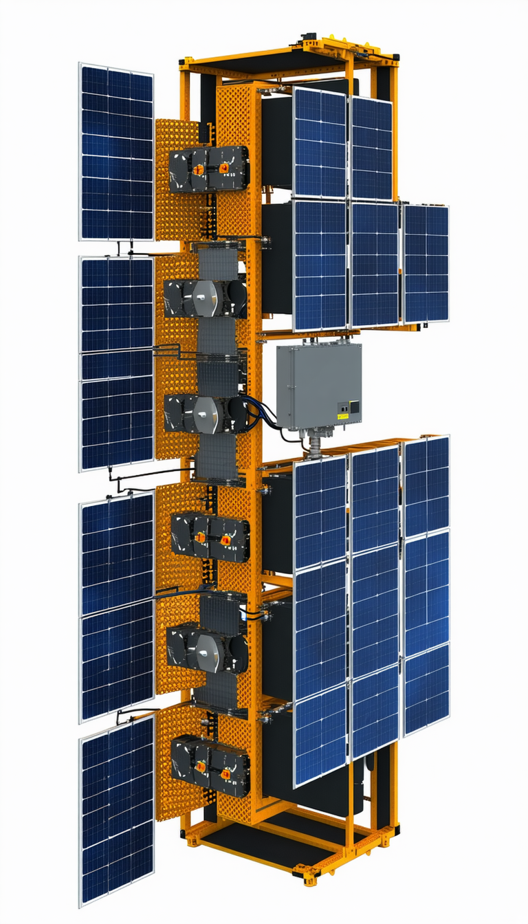A Large Solar Panel Is Mounted On A Tower, With Several Smaller Solar Panels Attached To It