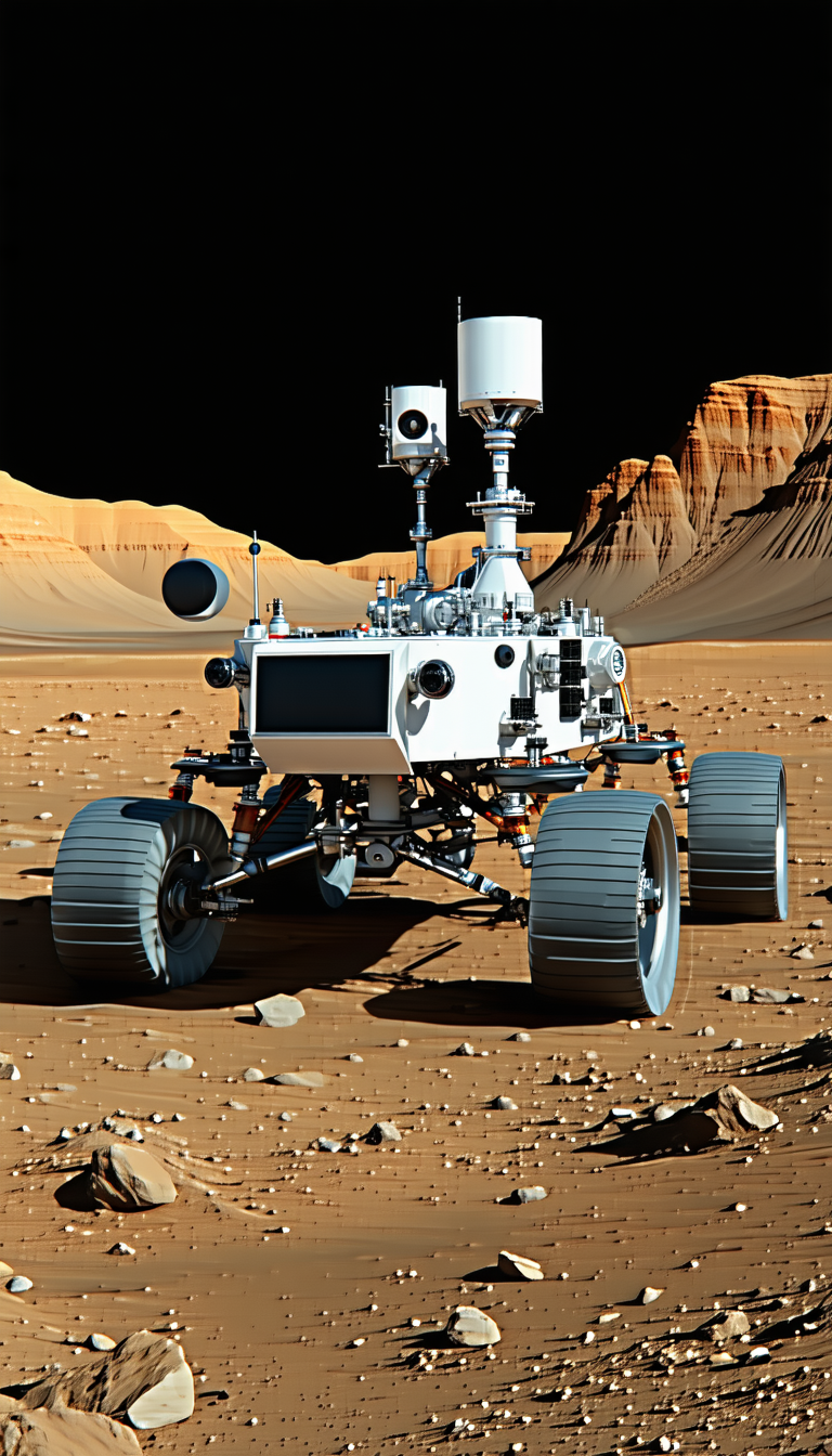 A White Robotic Vehicle, Possibly A Rover, Parked On A Rocky Surface
