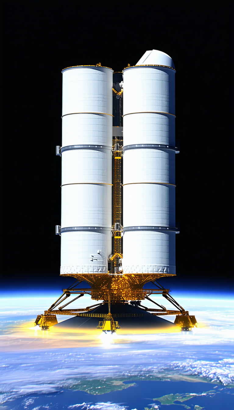 A Large White Space Shuttle With A Yellow Bottom, Floating In The Air