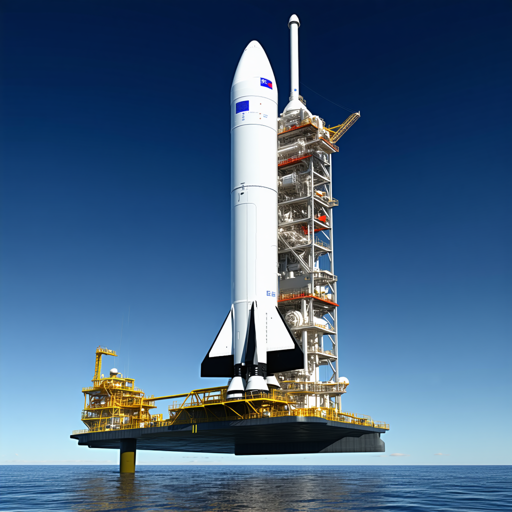 A Large White Space Shuttle Docked On A Floating Platform In The Ocean