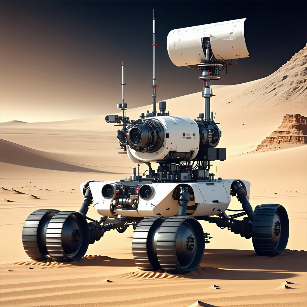 A White Robot Is Sitting On A Sandy Surface, With A Large Antenna On Its Back