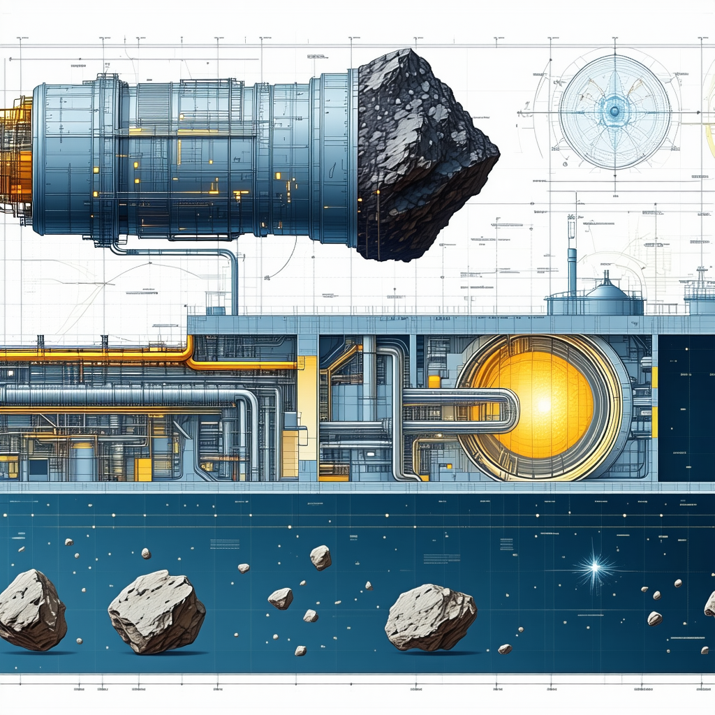 The Image Is A Blueprint Of A Space Station, Featuring A Large Blue Structure With A Central Engine