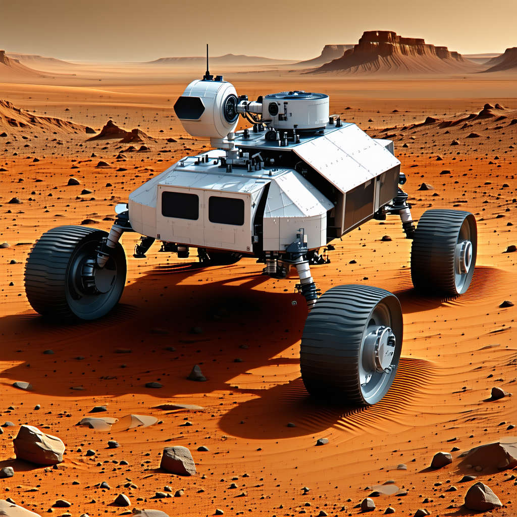 A Robotic Vehicle Is Driving Across A Rocky Terrain, With A Red Dirt Surface