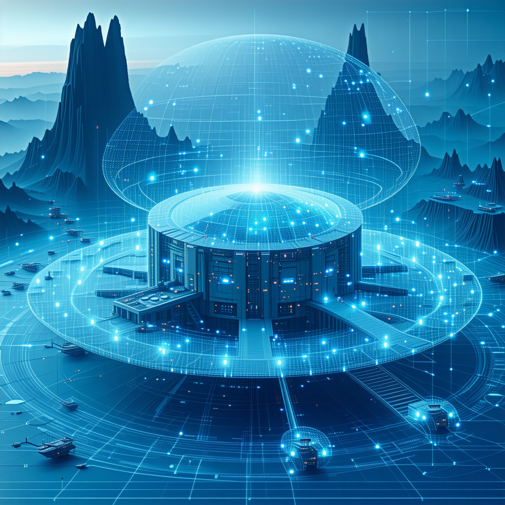 In This Futuristic Image, A Large, Round, Blue Structure Is Surrounded By A Network Of Blue Lines