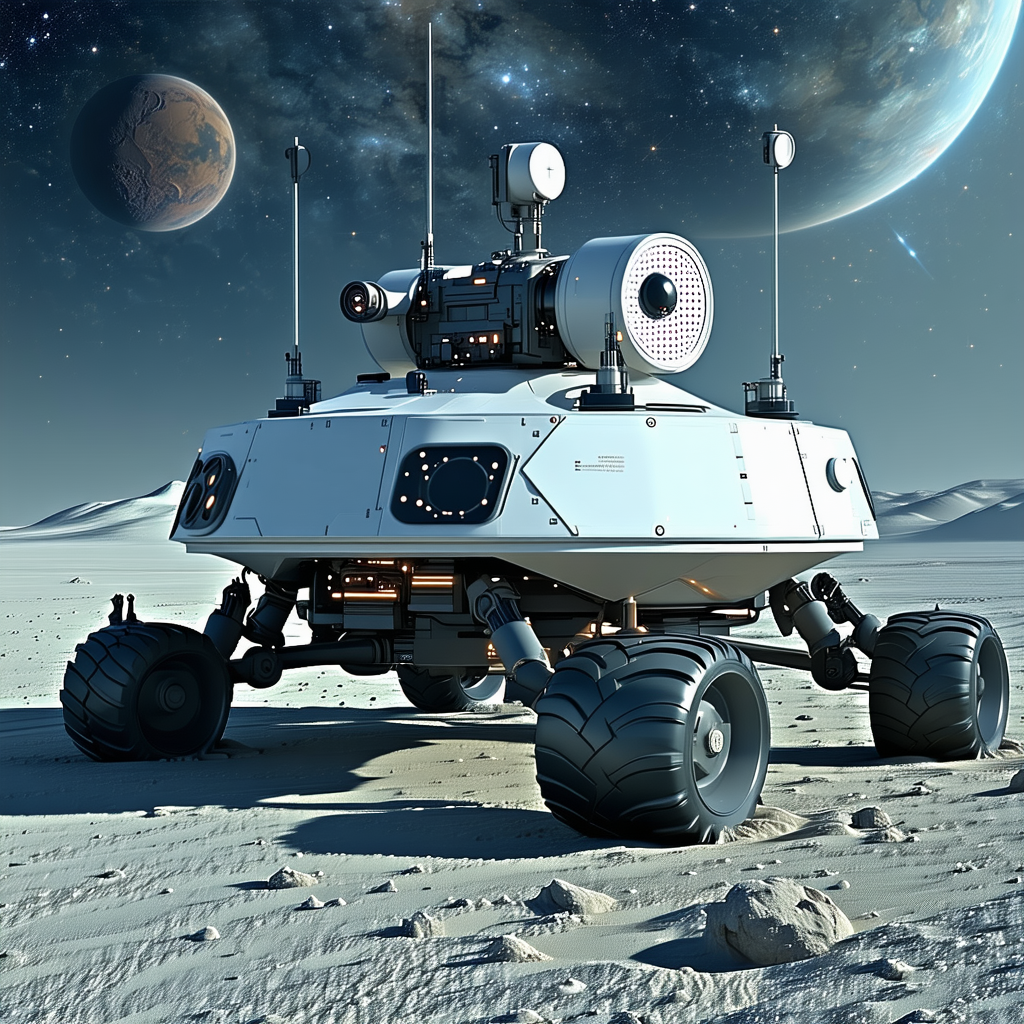 A Futuristic Robotic Vehicle, Possibly A Rover, Parked On A Rocky Surface
