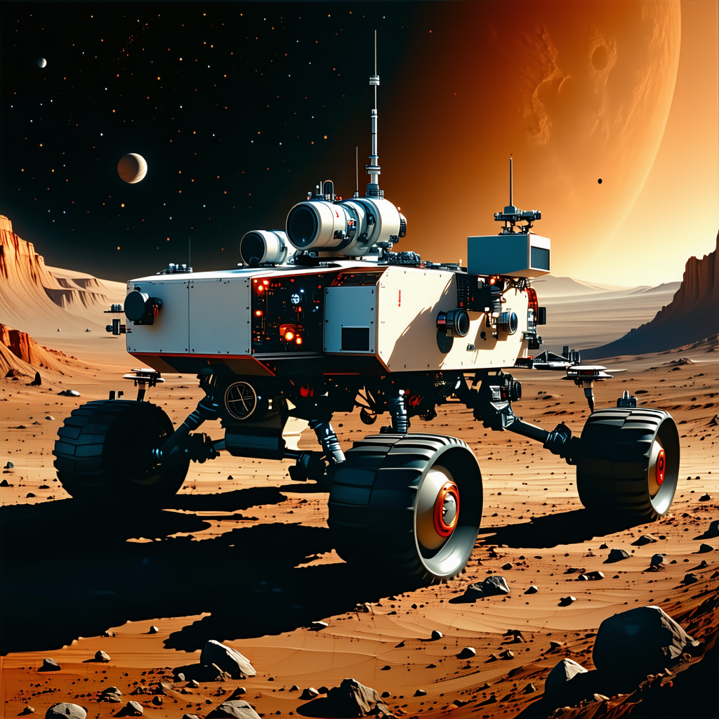 A White Spacecraft Is Parked On A Rocky Surface, With A Red And White Rover Nearby