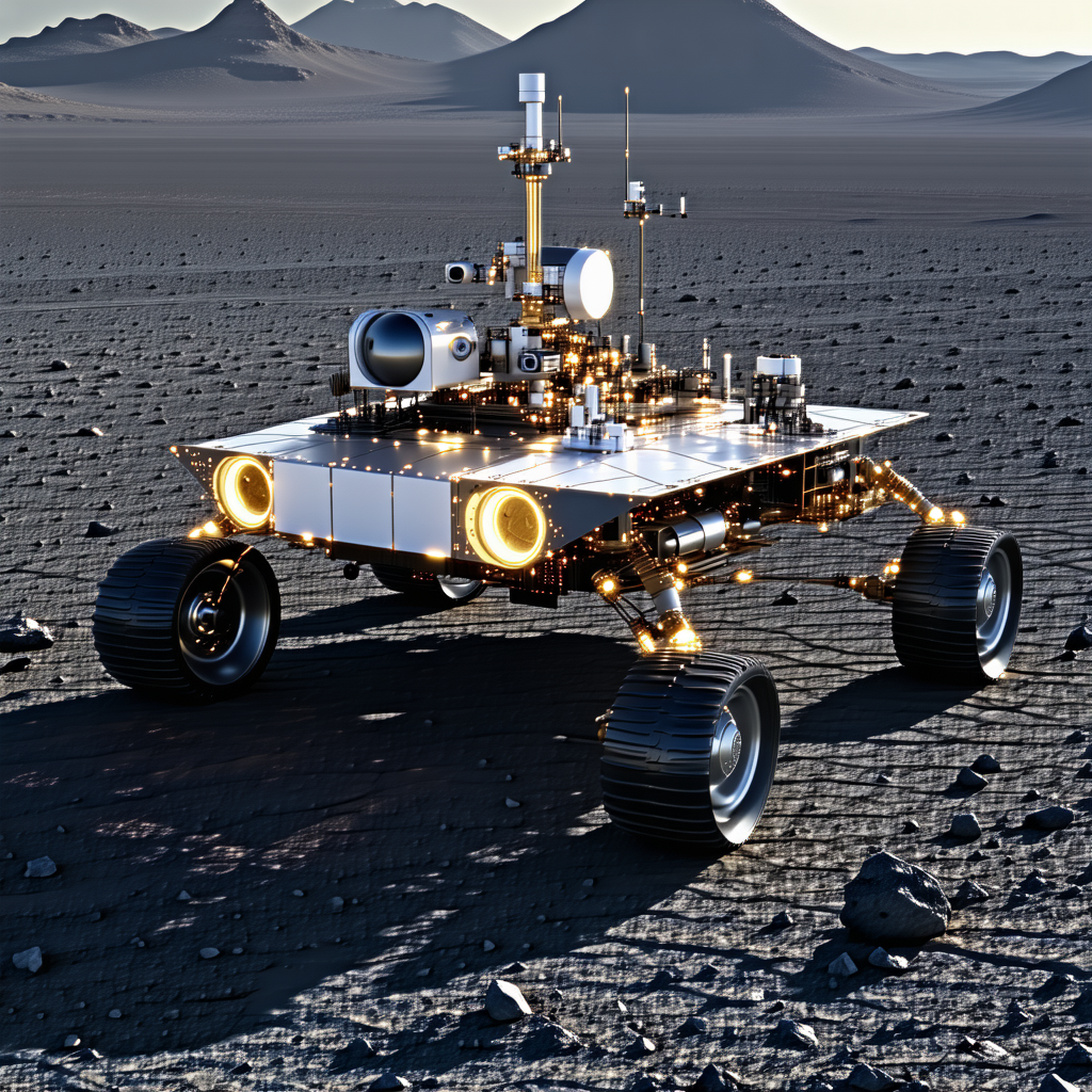 A Futuristic Robotic Vehicle, Possibly A Rover, Parked On A Rocky Surface