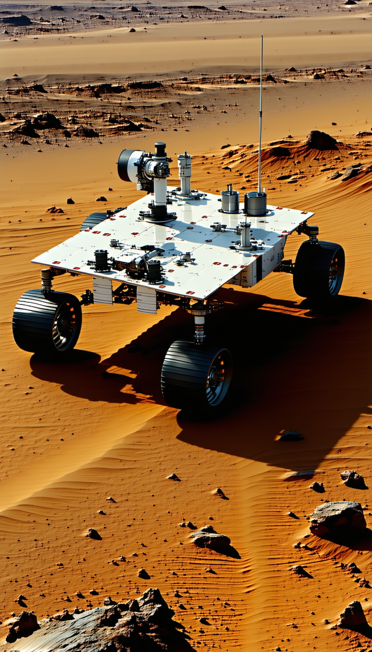 A Large, White, And Red Rover Vehicle Driving Across A Sandy Terrain