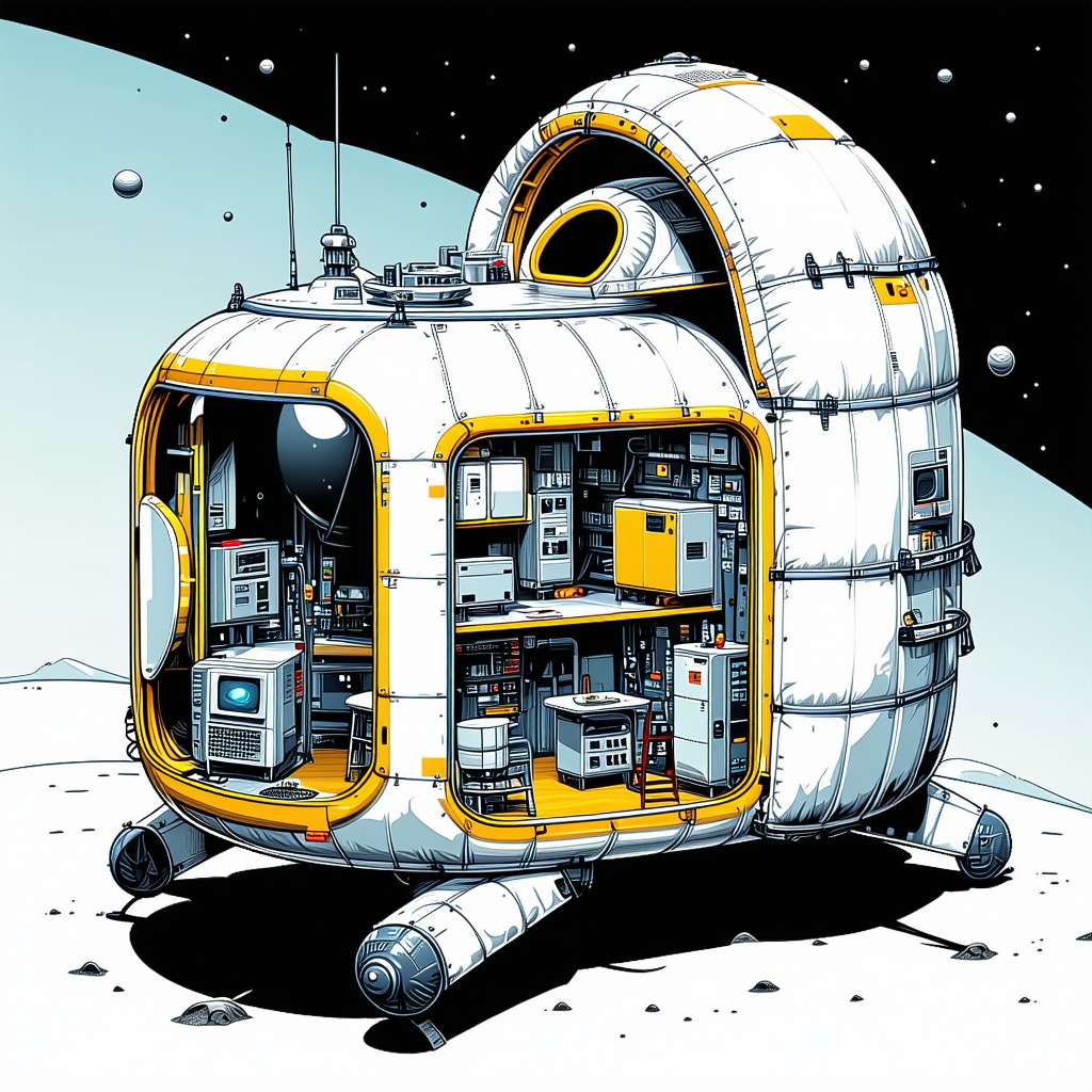 In The Image, There Is A Large White Spacecraft With A Lot Of Equipment Inside