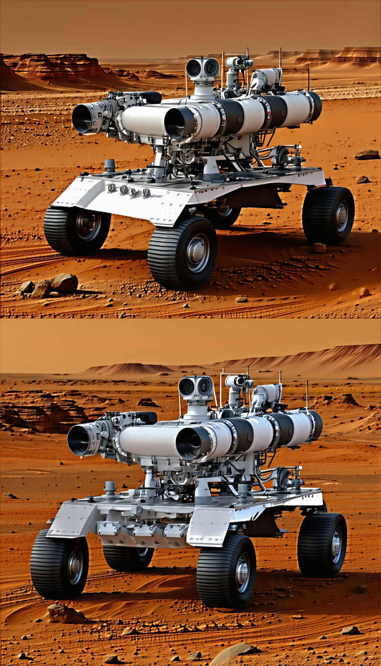 A White Rover Vehicle With A Large Antenna On Top Of It, Driving On A Red Dirt Surface
