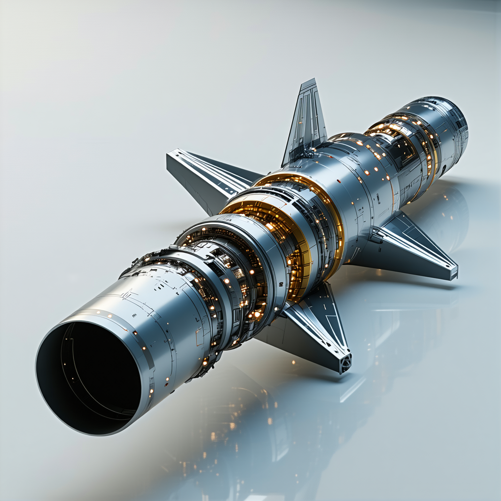 A Large Silver Spacecraft Is Displayed On A White Surface