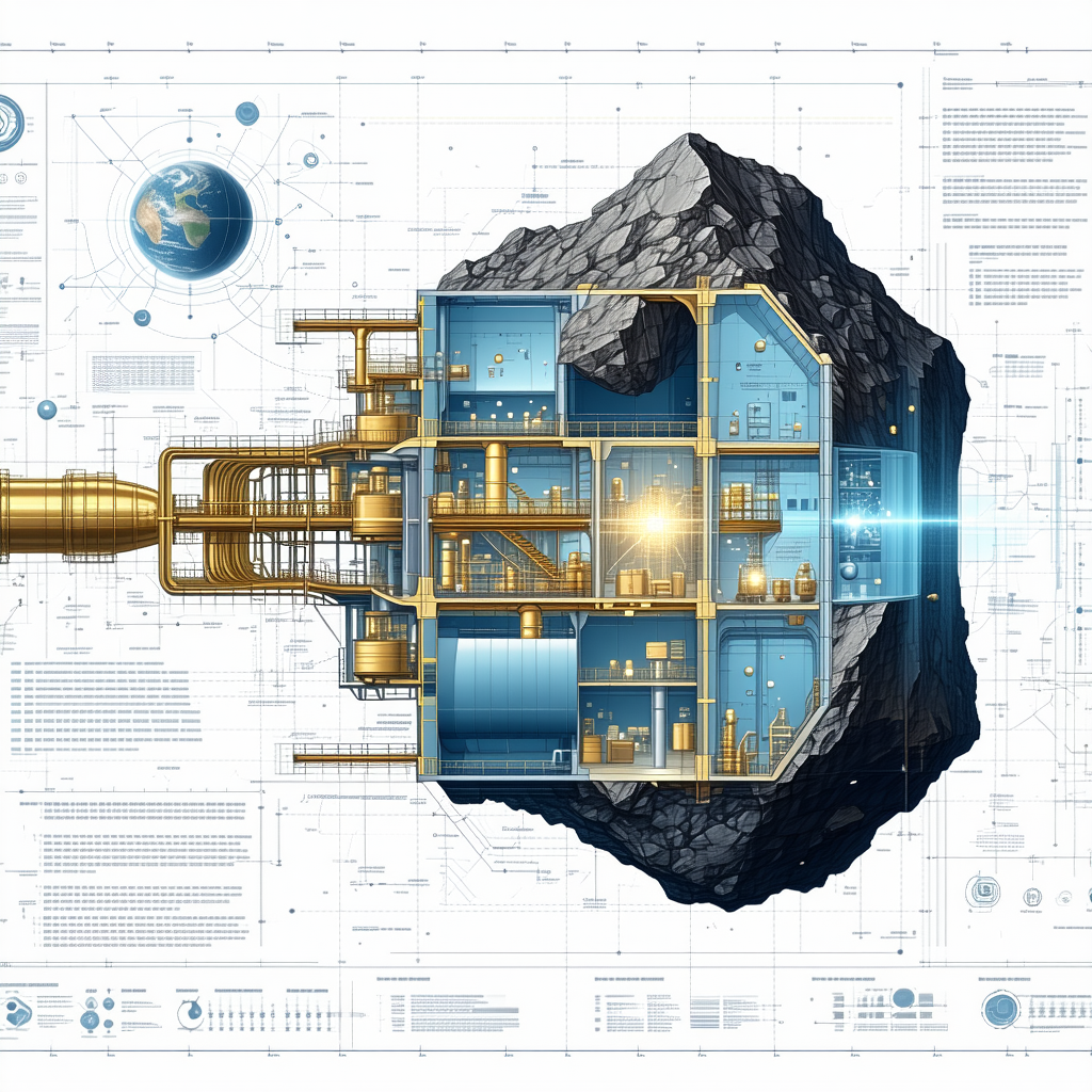 A Large, Detailed Drawing Of A Space Station Is Shown, With A Large Rock In The Center