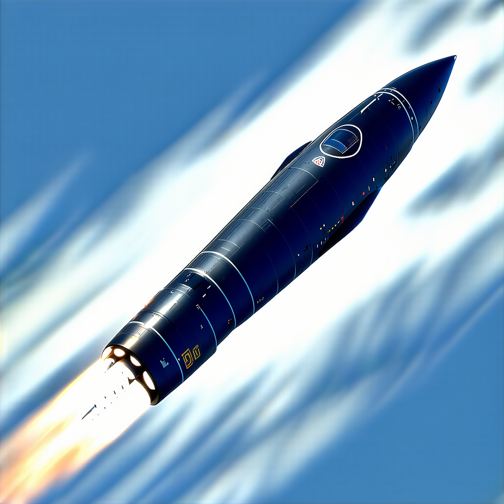 A Blue Rocket Is Flying Through The Sky, Leaving A Trail Of Smoke Behind It