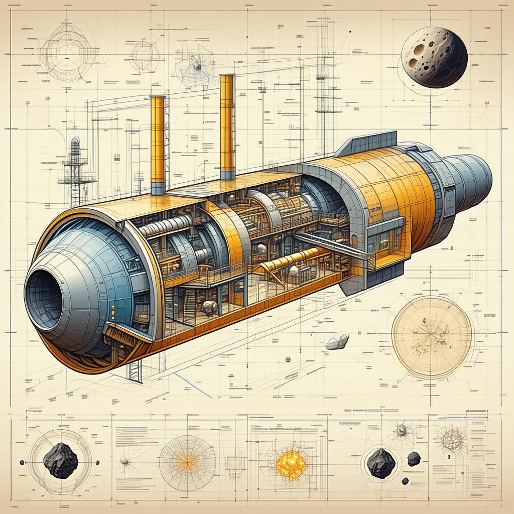 The Image Is A Detailed Drawing Of A Spacecraft, Showcasing Its Various Components