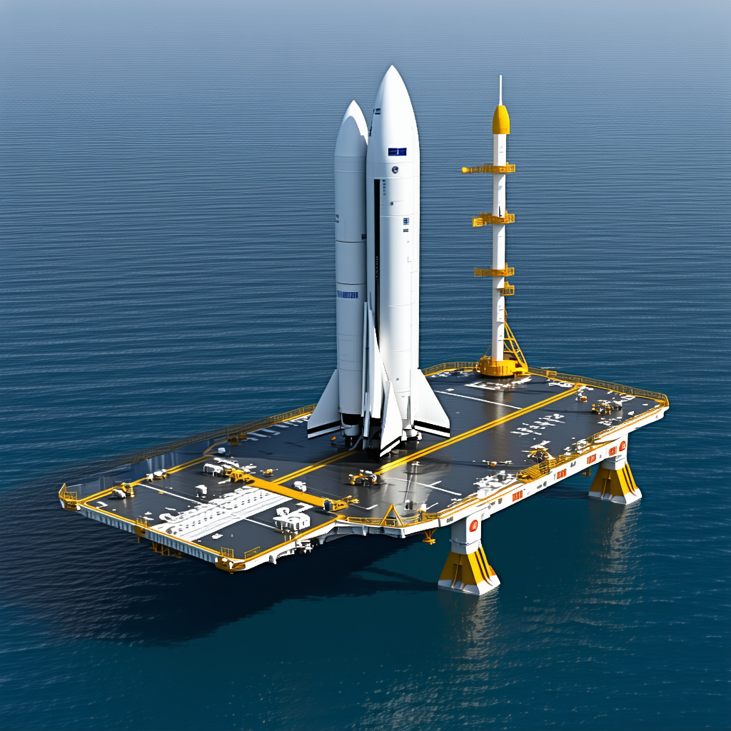 A Large White Space Shuttle Docked On A Floating Platform In The Ocean