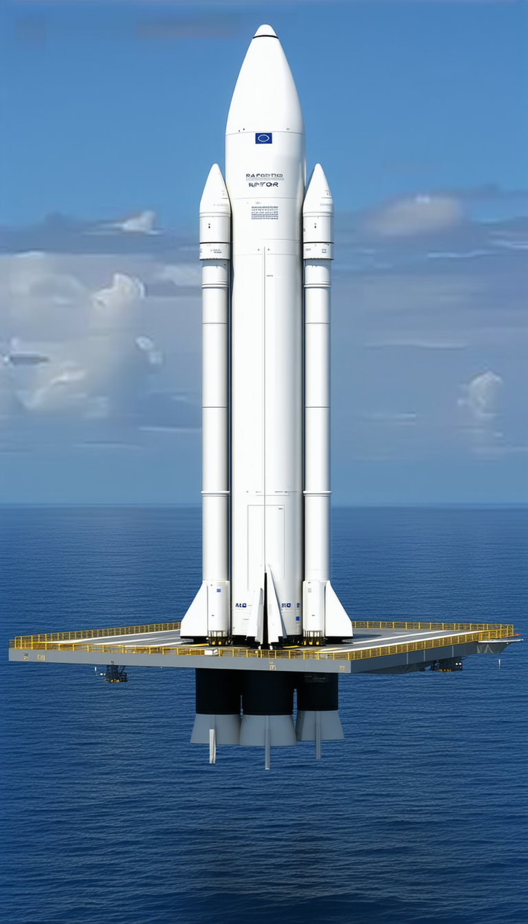 A Large White Rocket Ship Is Docked On A Platform In The Ocean