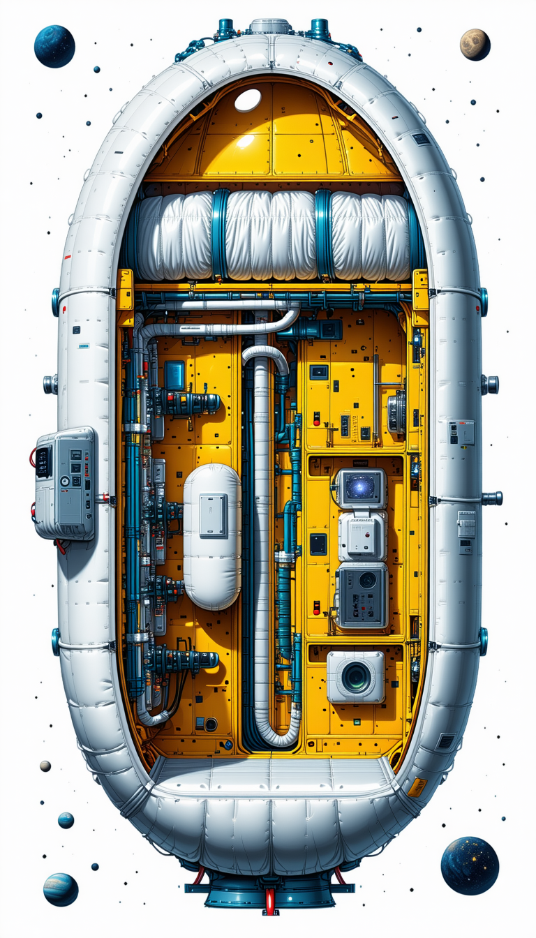 In The Image, There Is A Large, Yellow, And White Spacecraft With A Hollowed-out Center