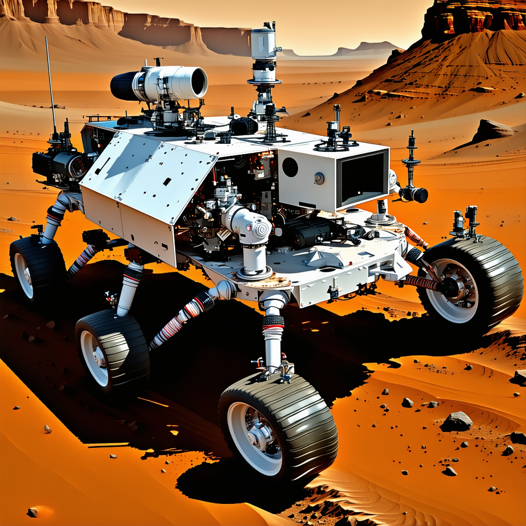 A White Robot Is Driving On A Red Dirt Road