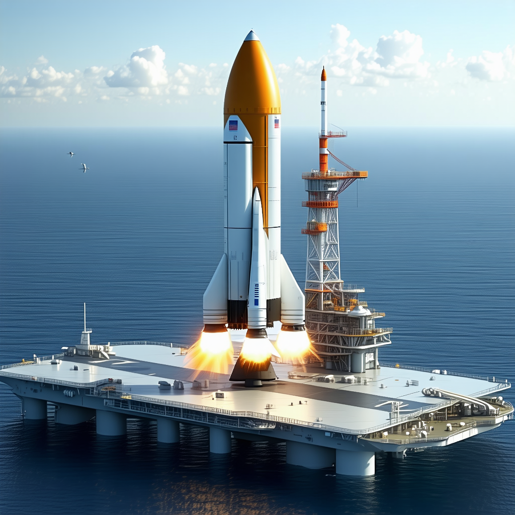 A Large Rocket Ship, Possibly A Space Shuttle, Sitting On Top Of A Floating Platform