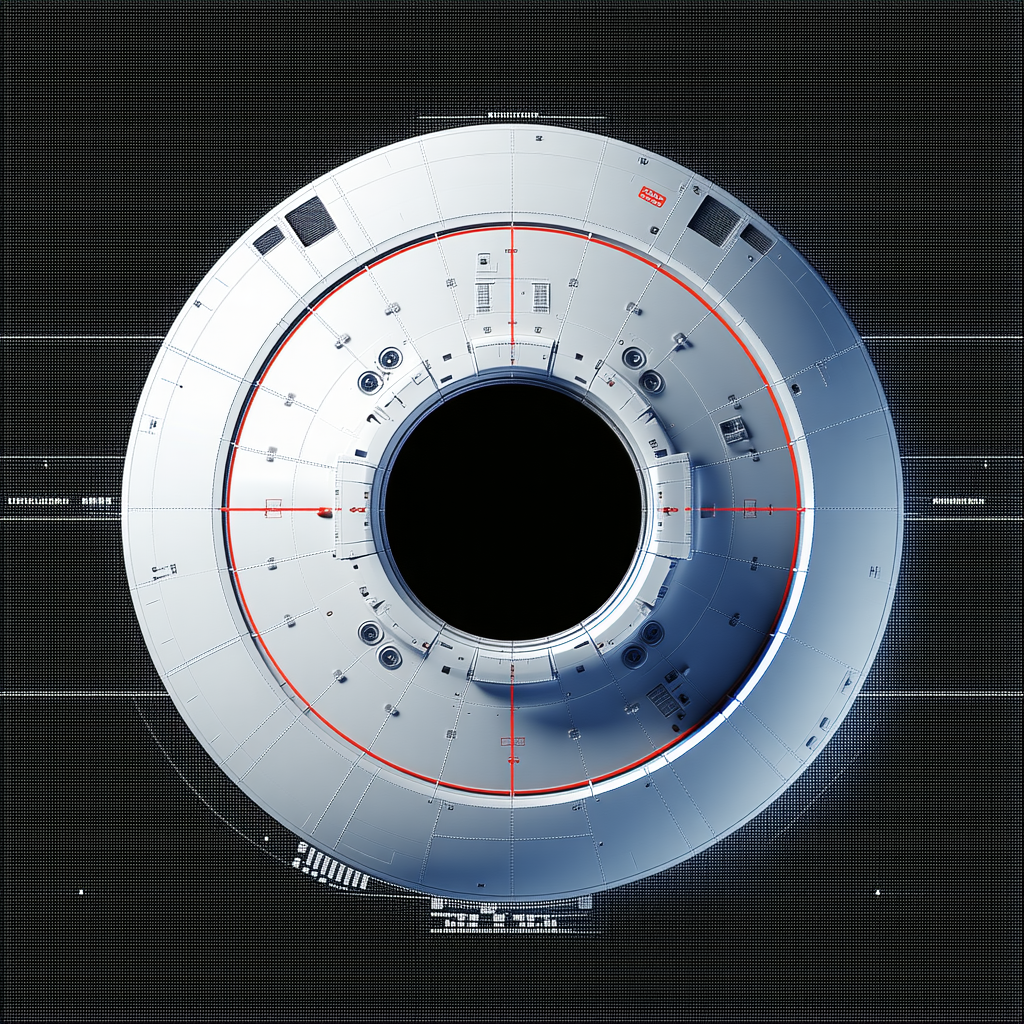 The Image Is A Futuristic Space Station With A Large, Round, Blue And White Dome At The Center