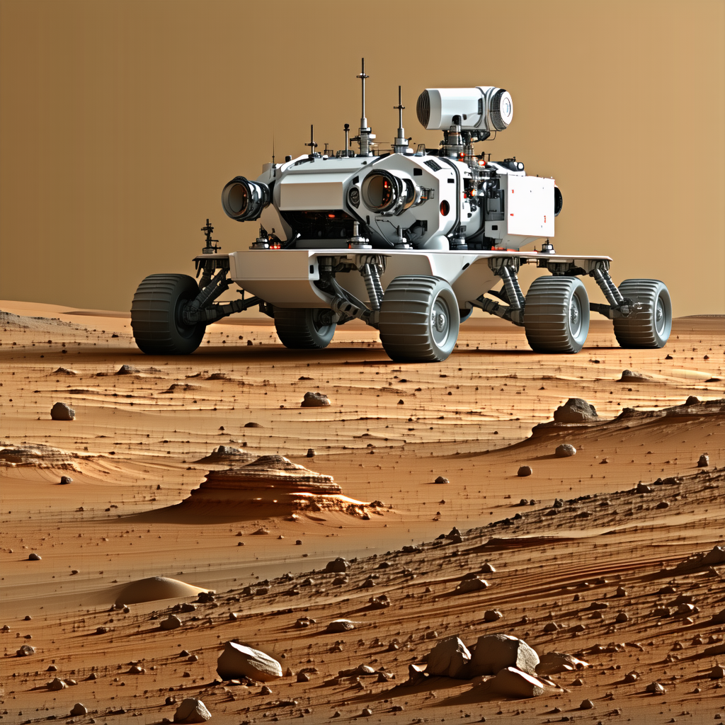 A Large, White, And Silver Robotic Vehicle, Possibly A Rover, Driving Across A Rocky Terrain
