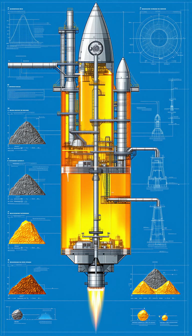 A Large, Detailed Drawing Of A Chemical Plant Is Displayed On A Blue Background