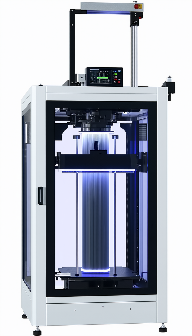A White Machine With A Blue Light Shining Through It
