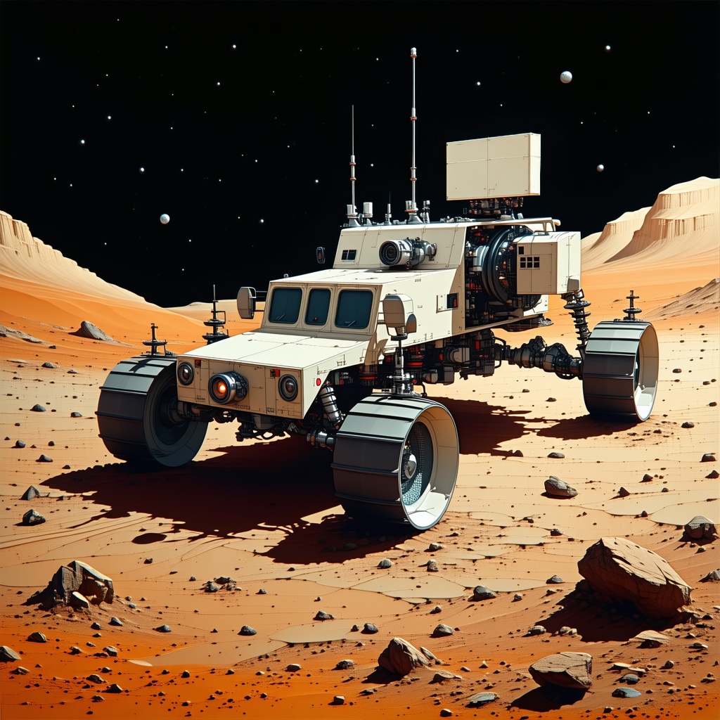 A Futuristic Vehicle Is Driving On A Rocky Surface, Possibly On Mars