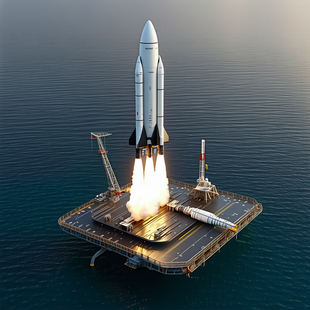 A Large Rocket Ship On A Floating Platform In The Ocean