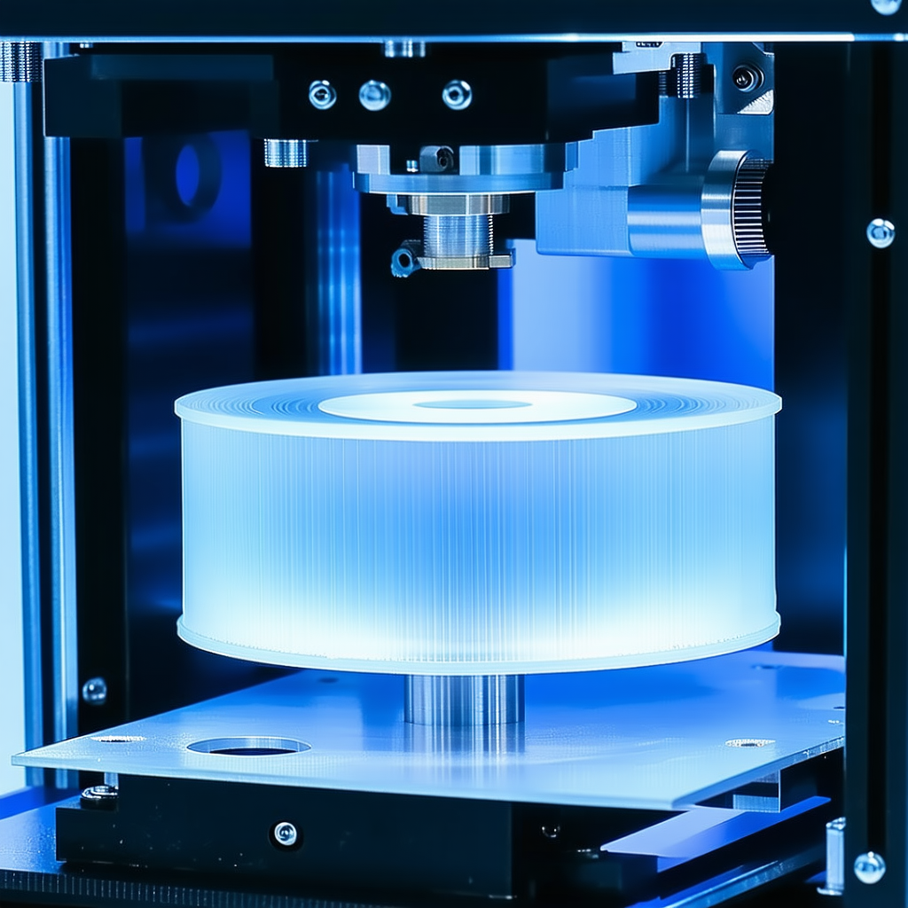 A Blue Machine Is Holding A White Object, Which Appears To Be A Cd Or A Record