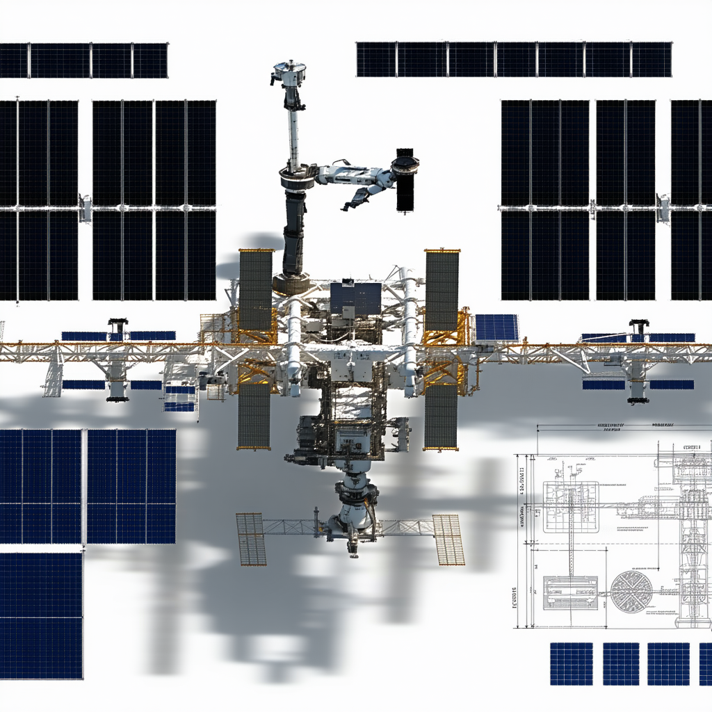 The Image Is A Detailed Drawing Of A Space Station, Showcasing Its Various Components
