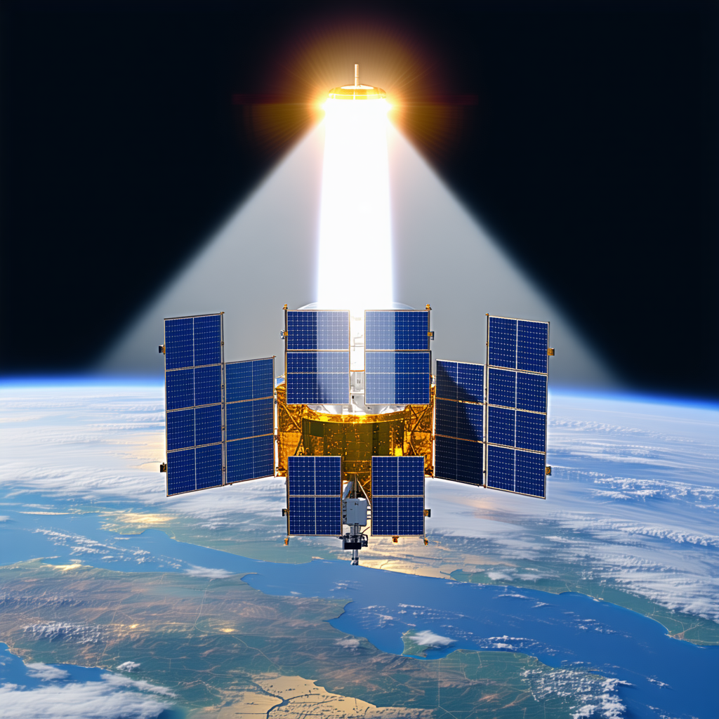 A Spacecraft With A Large Solar Panel On Its Side, Floating In The Sky