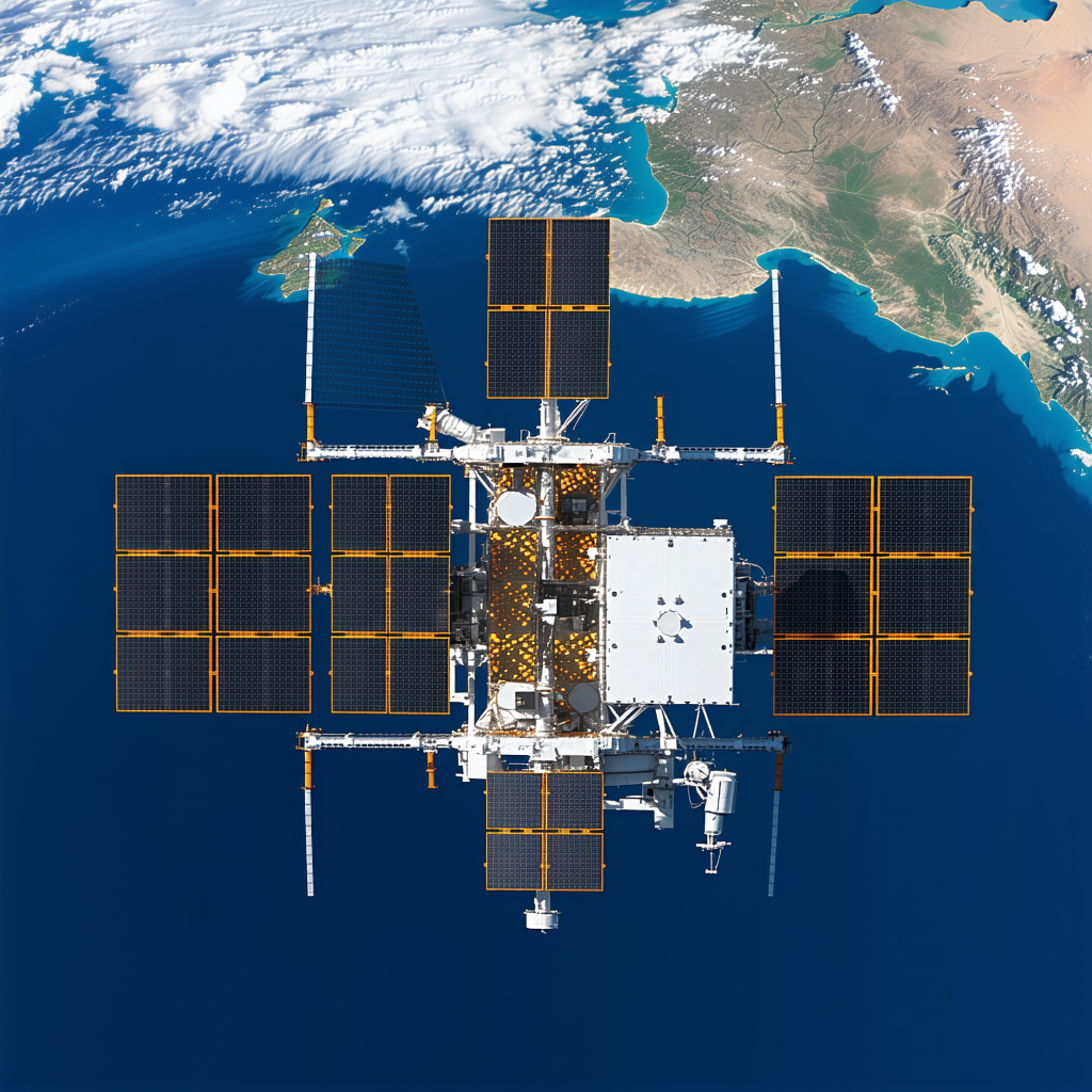 A Large Satellite Floating In The Sky Above The Ocean