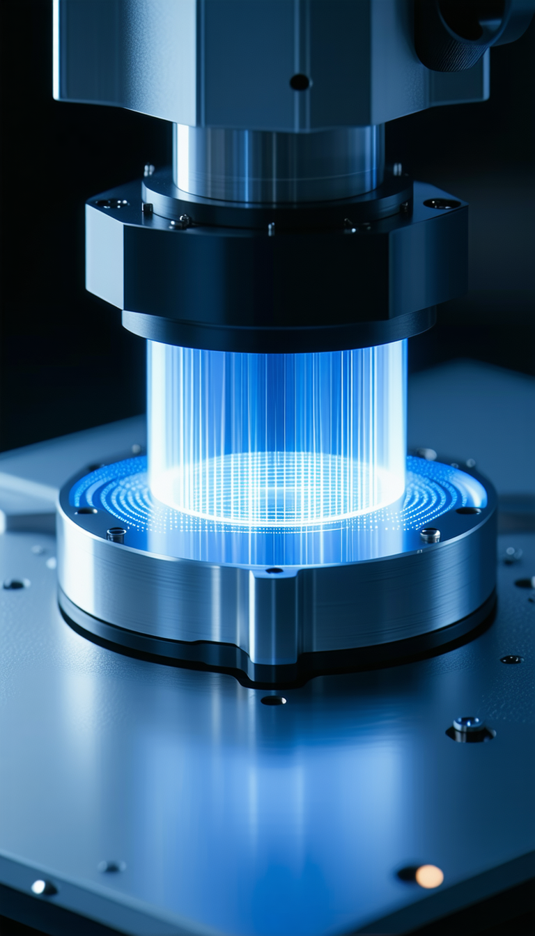 A Large, Blue, Glowing Machine With A Clear Glass Top